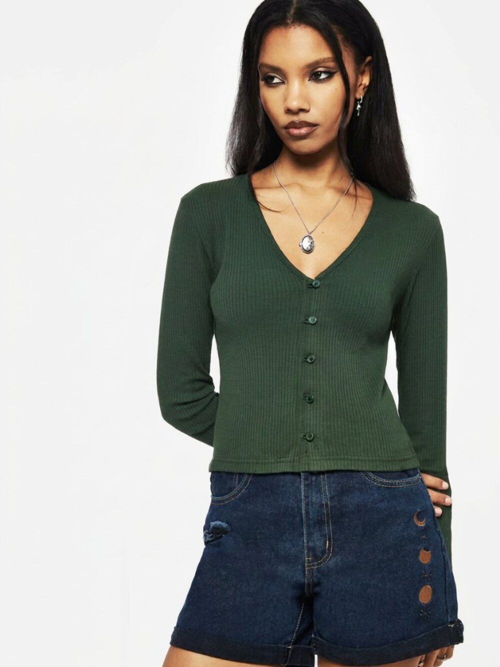 DISTURBIA Surcantine forest green ribbed button up stretch long sleeve top